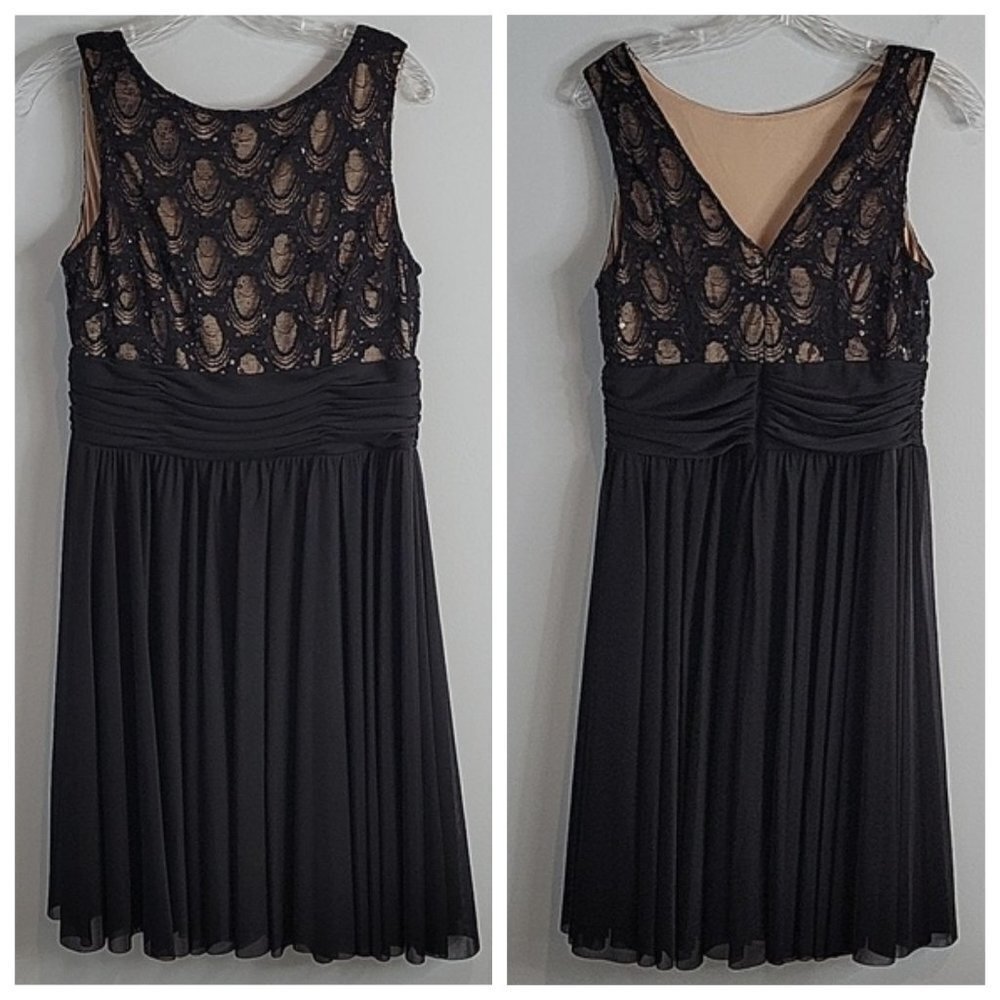 JH Evenings Cocktail Dress size 8 Black Lace Sequin Fancy sleeveless ruched